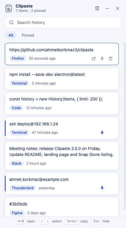 The Clipaste window with a list of copied items, each with its source app and time