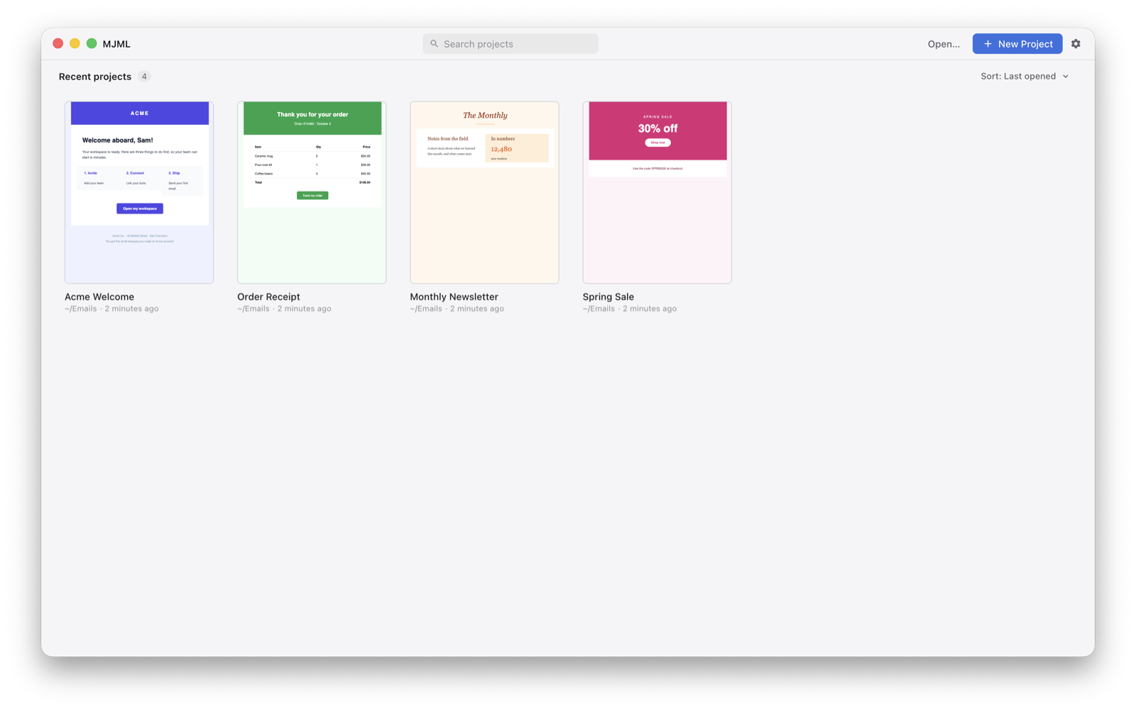 The project list of MJML App, with a thumbnail of each email