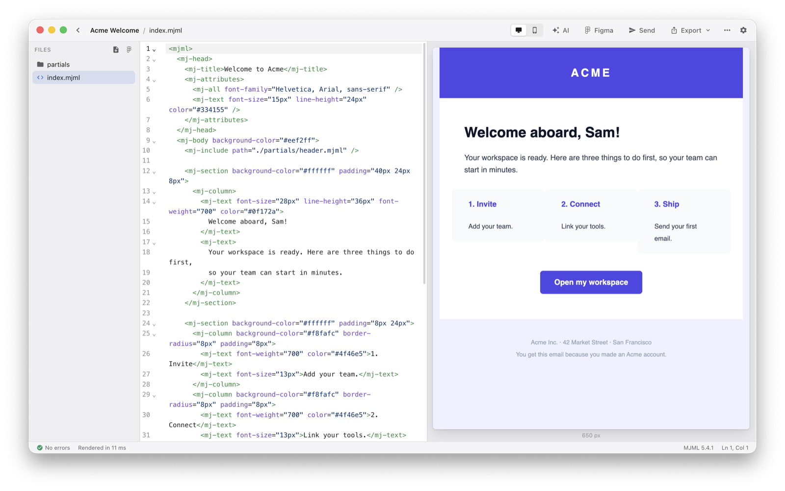 The MJML App editor: MJML code on the left, the rendered email on the right